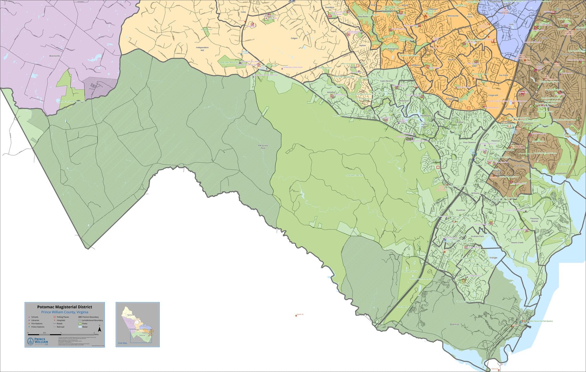 Map of the Potomac Magisterial District, Prince William County, showing precinct boundaries, polling places, schools, and parks